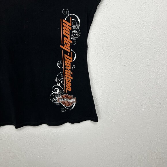 Harley Davidson Cap Sleeve V neck Shirt Black Orange Side Spell Out Logo Size L - Picture 3 of 8